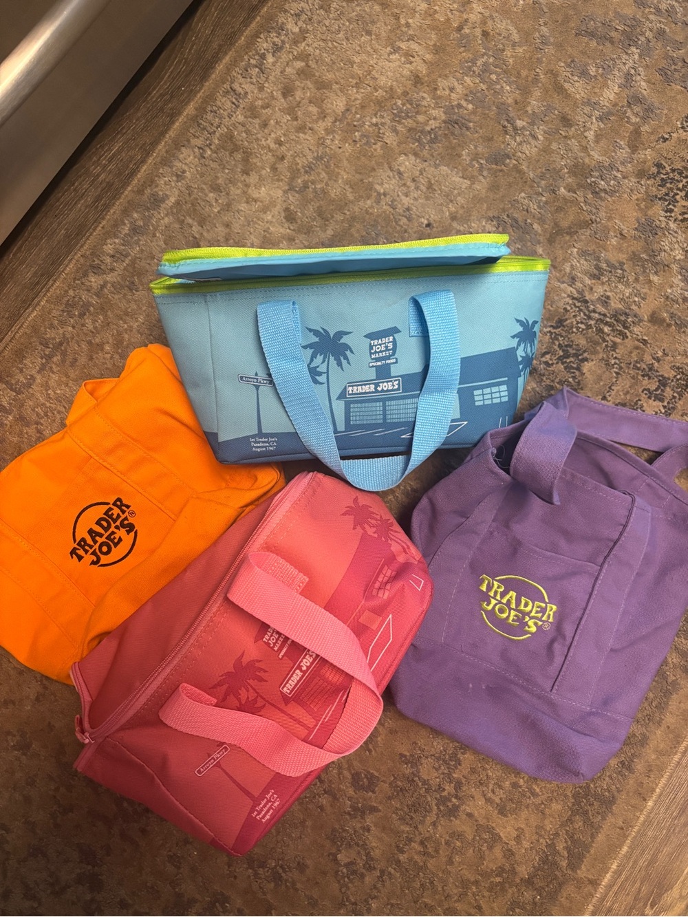 Trader Joe’s Bags Assorted Color Mini Tote Bags - Pink, Blue, Purple, Orange
